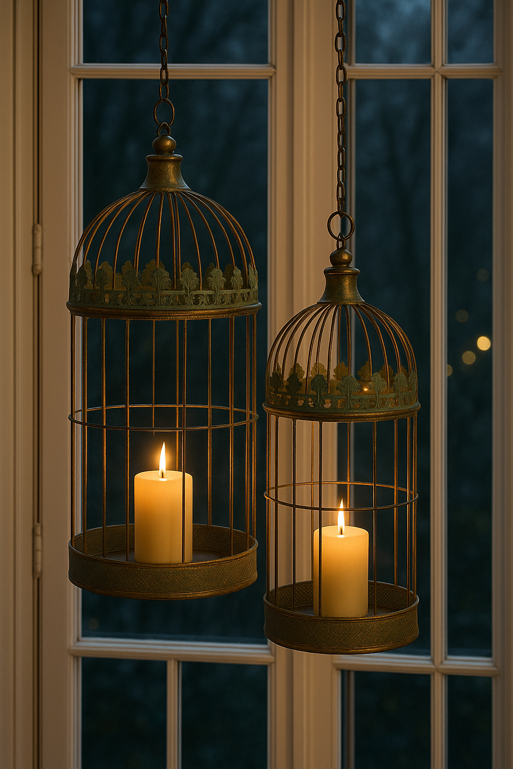 Two hanging birdcage lanterns with candles inside against a window backdrop.