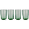 Four green glass tumblers with a ribbed texture on a white background