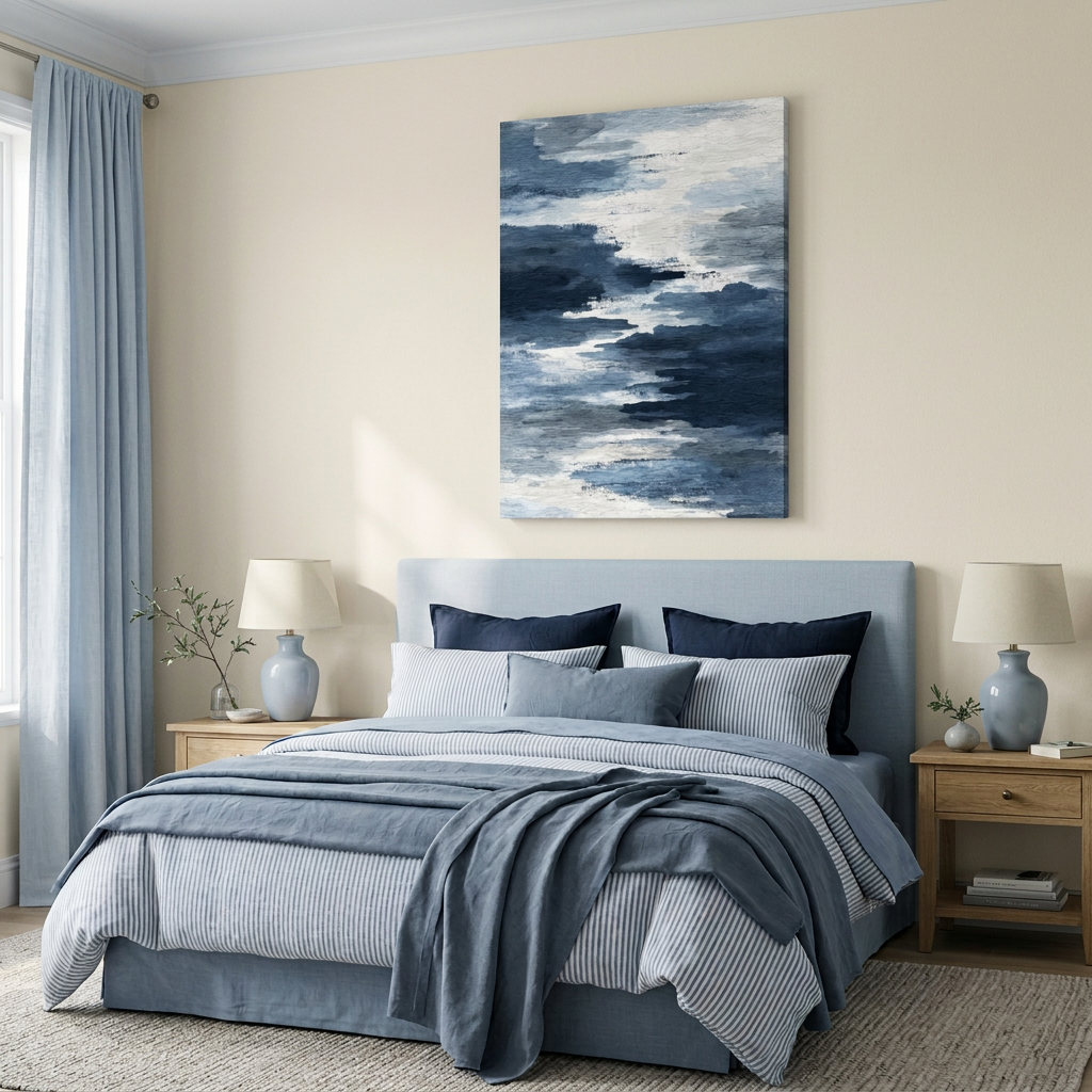 Coastal wave canvas hanging above a pale blue and white bed with striped blue and white linen and blue curtains in a coastal inspired room. Light wood bedside tables and a leight beige rug