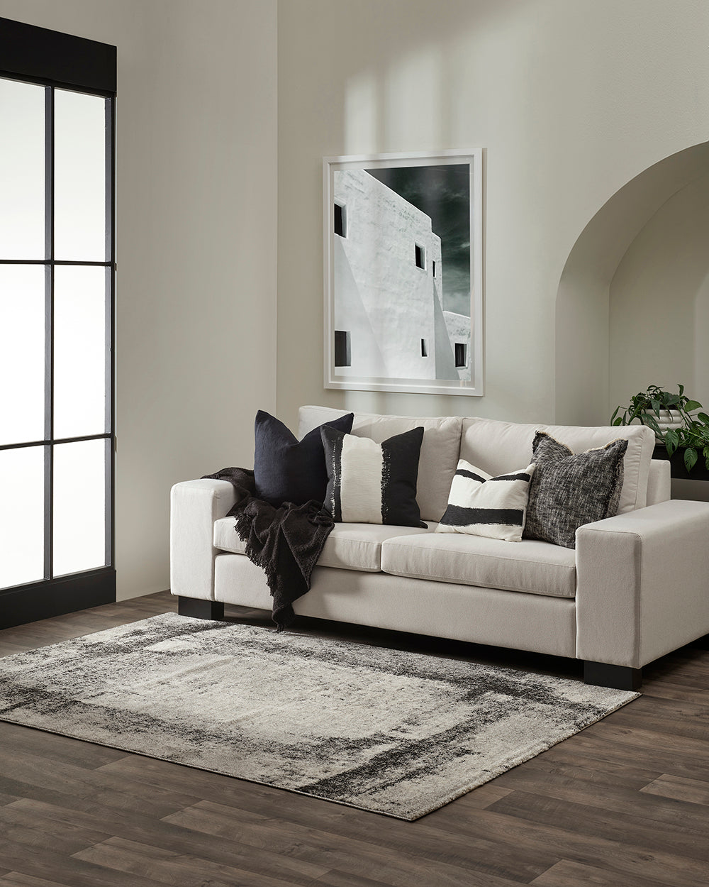 Living room with a white sofa, black and gray pillows, and a framed picture on the wall.
