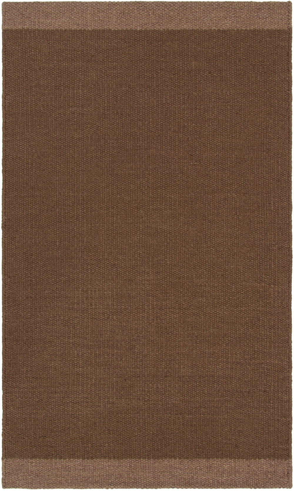 A rectangular brown area rug with a textured woven surface and a subtle darker brown border.