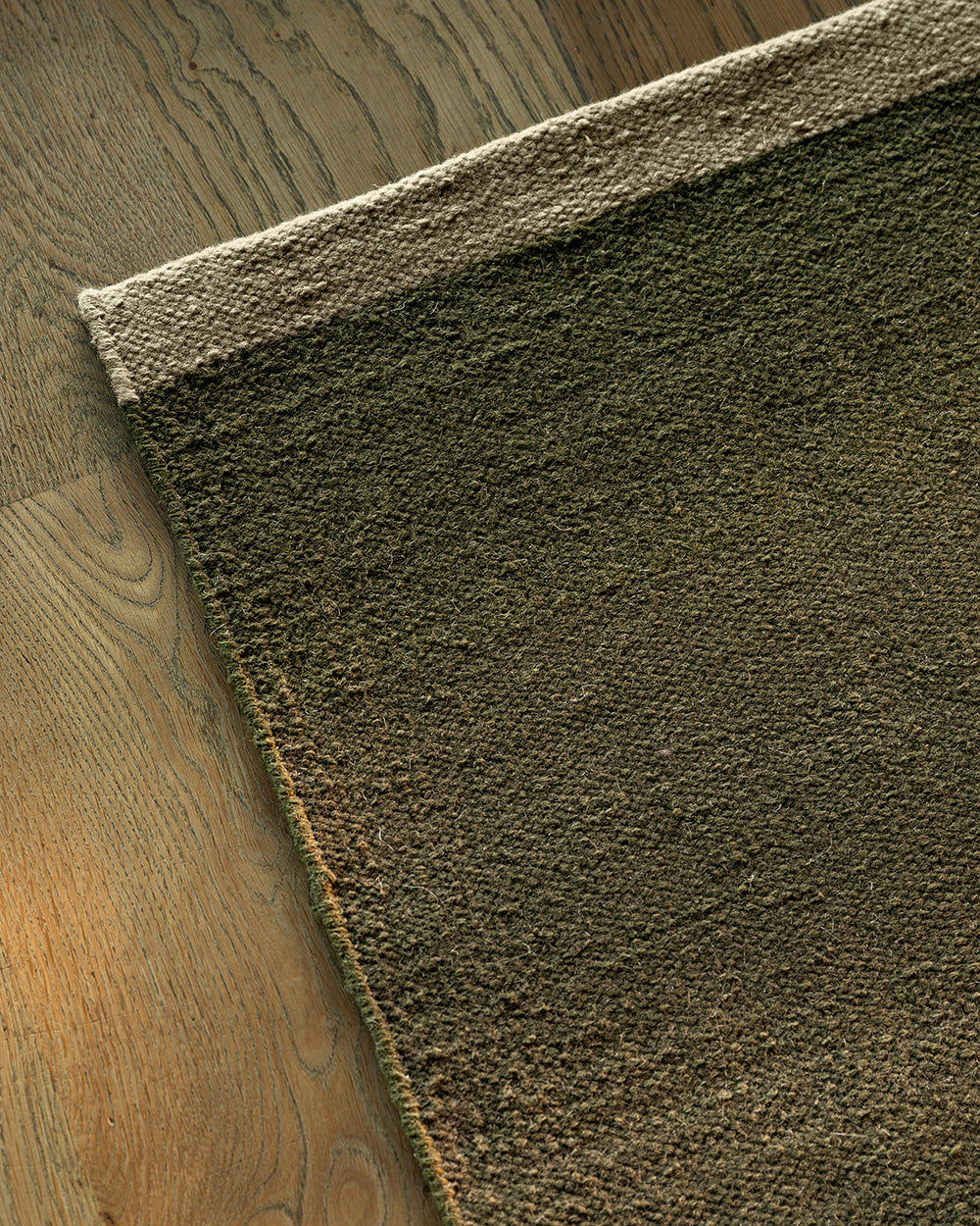 A close-up of a textured area rug corner with a thick beige braided border, laid on a medium brown wood floor.