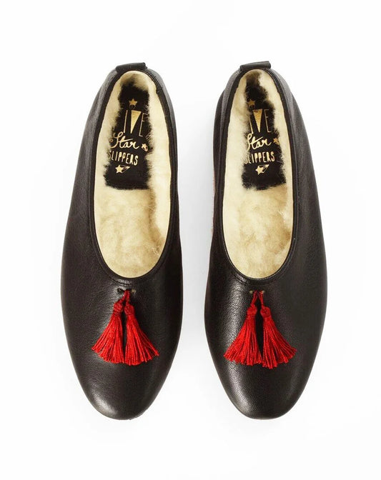 Classic Black Leather Tassel Slippers - Women