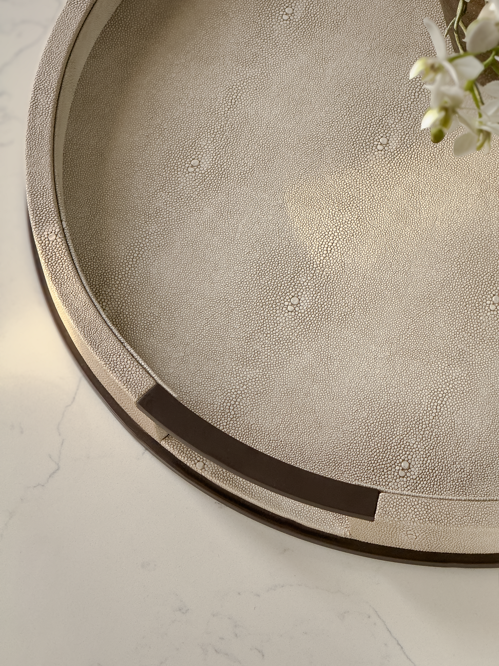 Round shagreen tray on a light gray surface with a subtle pattern