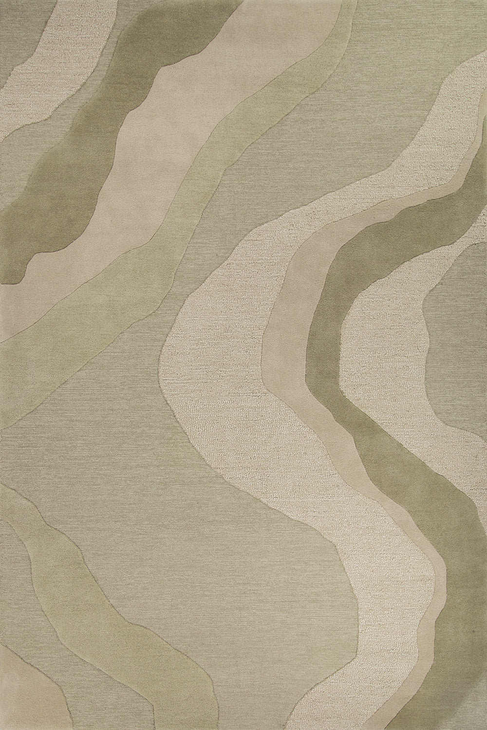 Abstract area rug with organic wavy contour lines in muted sage green, beige, and taupe tones.