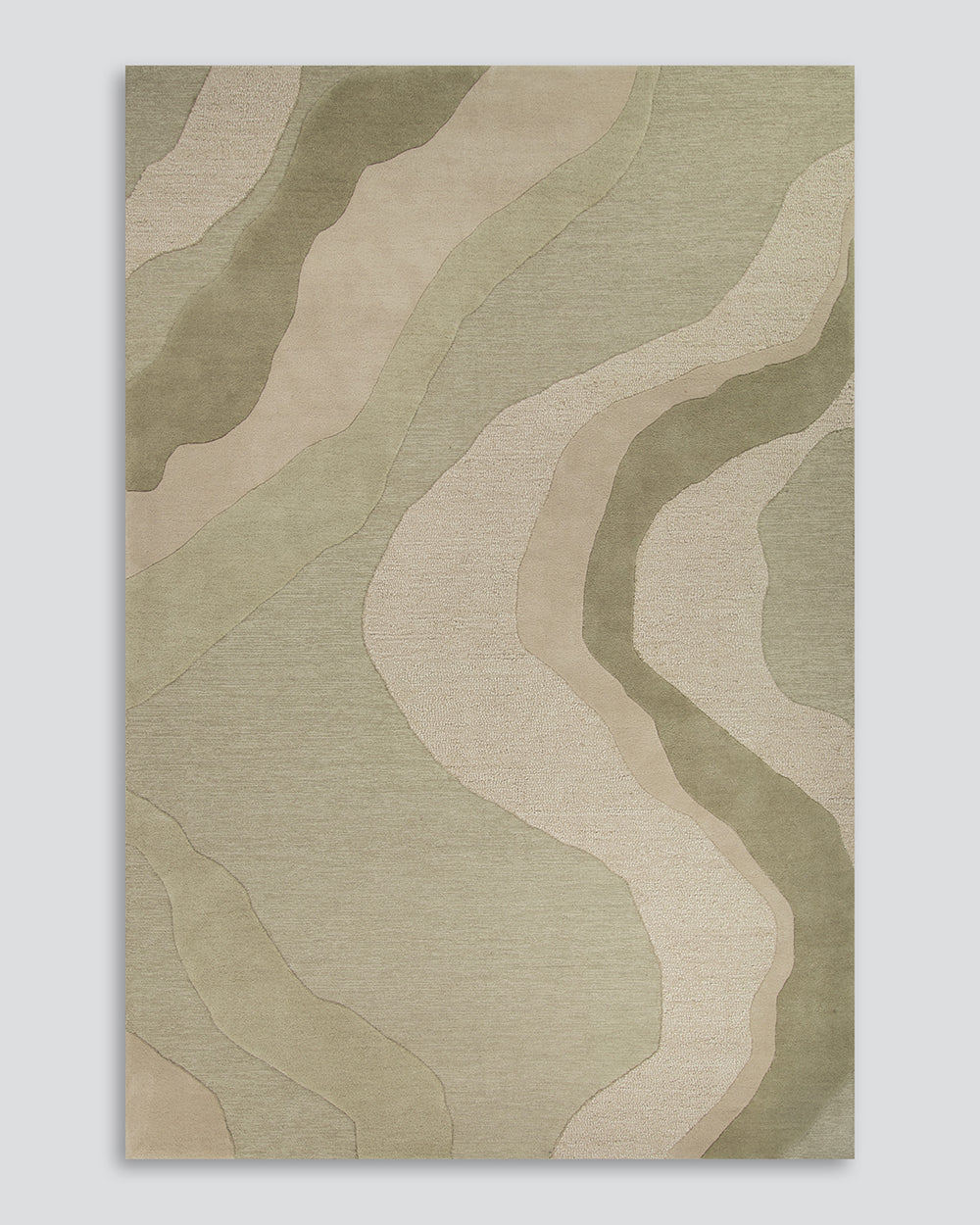 An abstract area rug with a topographic contour pattern in muted sage green, beige, and light tan tones, shown flat against a neutral light green background.