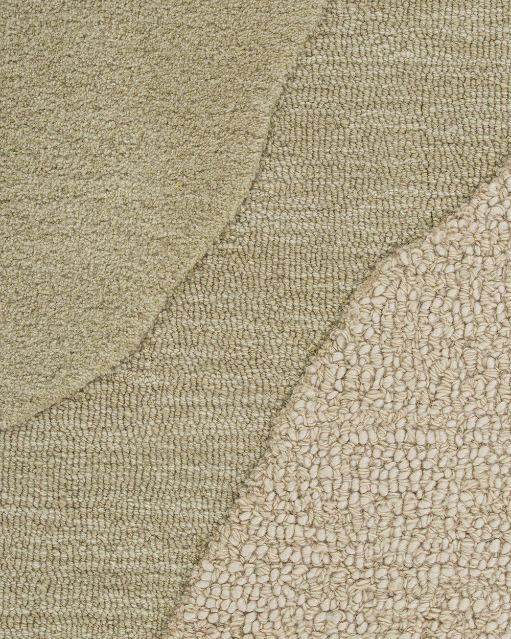 Close-up of a textured area rug with a modern abstract design, featuring three distinct woven patterns in shades of beige and light taupe.