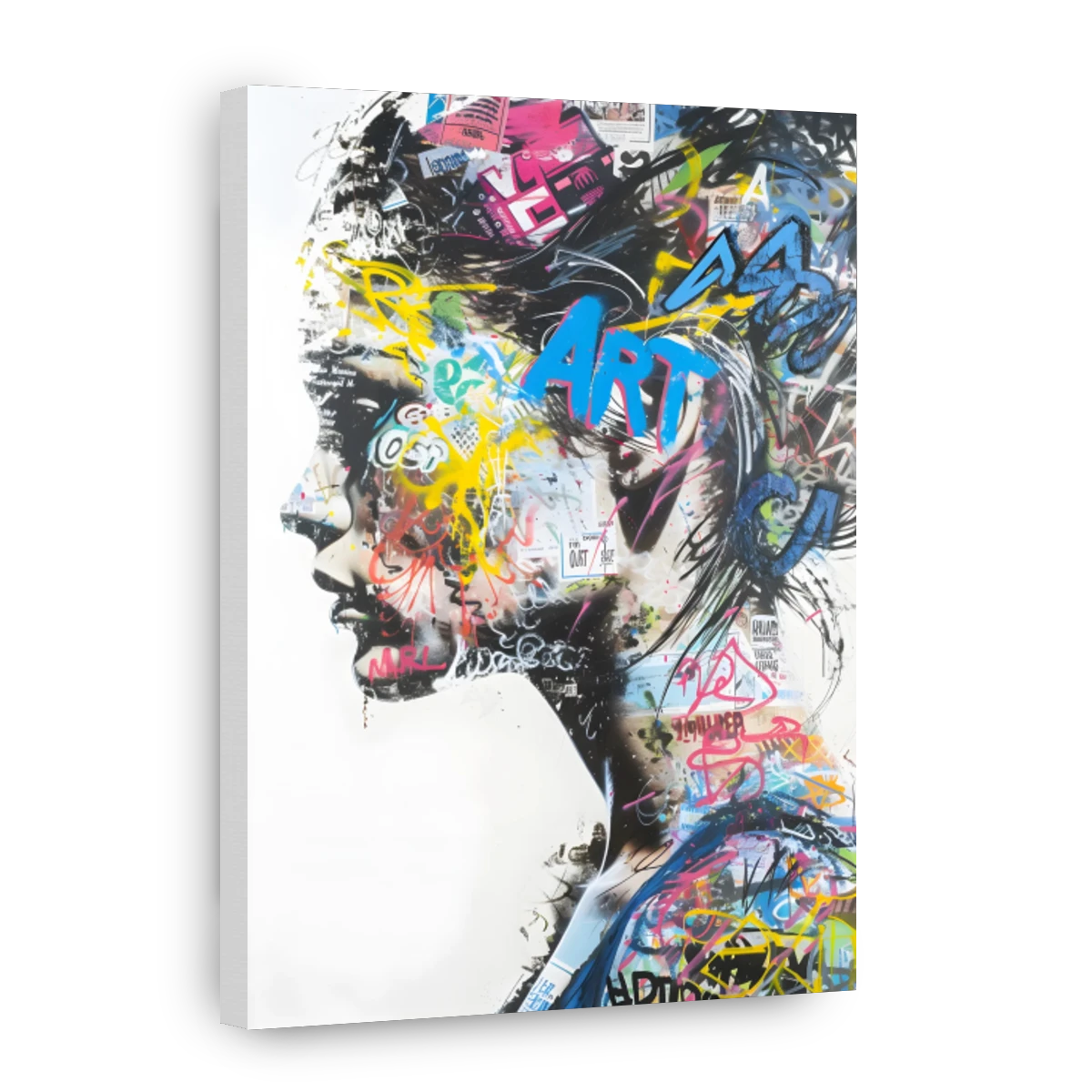 A square canvas wall art print featuring a stylized side-profile portrait of a woman filled with colorful graffiti, stickers, and paint splatters on a white background.