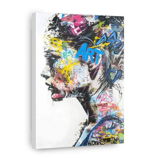A square canvas wall art print featuring a stylized side-profile portrait of a woman filled with colorful graffiti, stickers, and paint splatters on a white background.