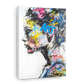 A square canvas wall art print featuring a stylized side-profile portrait of a woman filled with colorful graffiti, stickers, and paint splatters on a white background.