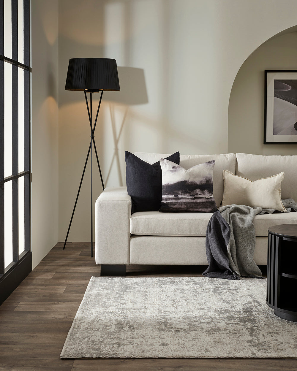 Modern living room with a white sofa, decorative pillows, and a black floor lamp.