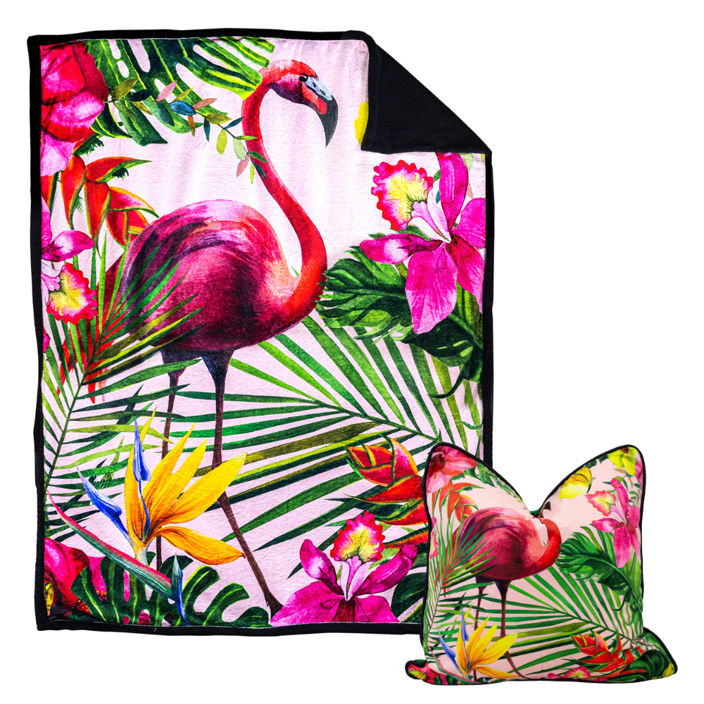 Victoria Jane's Fabulous Flamingo throw and cushion featuring bright flamingo and tropical flowers in pinks yellow and green