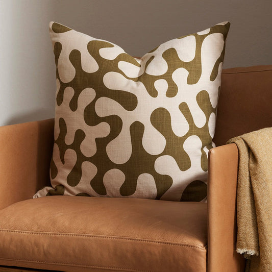 Forbici cushion from the Mulberi Baya collectoin, olive and ecru leaf pattern
