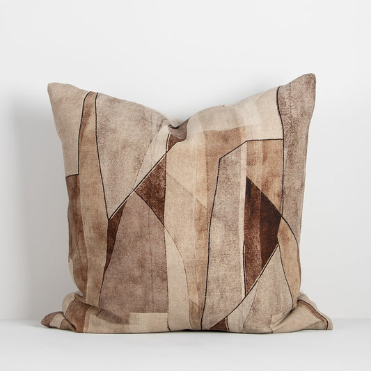 Grove cushion with abstract line print in rust, brown, taupes, cream