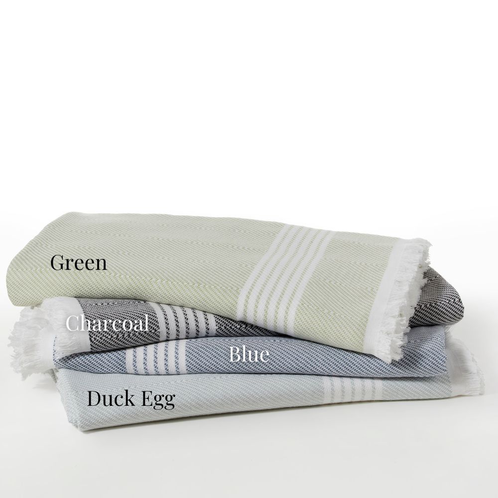 Hamptons Beach Blanket in a stack of green, charcoal, blue and duck egg