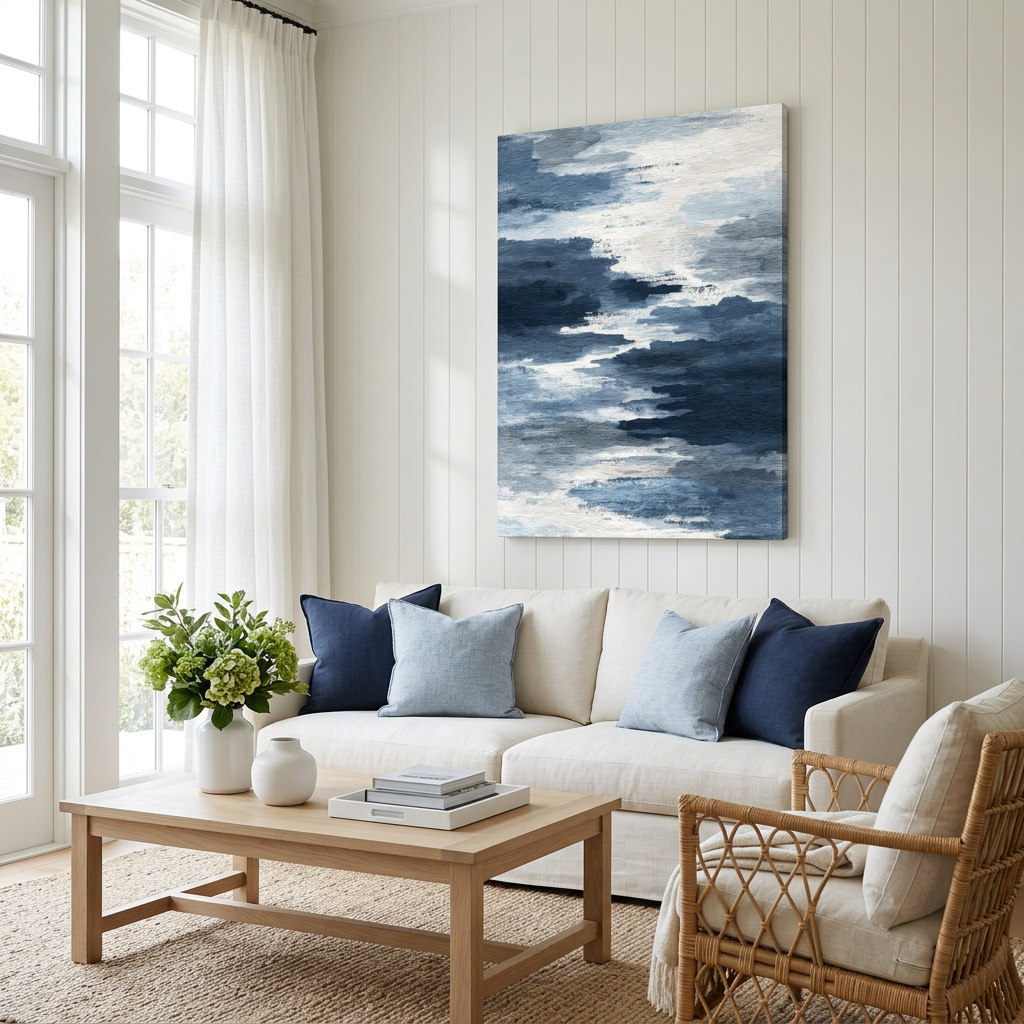 blue coastal canvas in hamptons inspired lunge with shiplap walls, white sofa with blue cushions and pale wood furniture