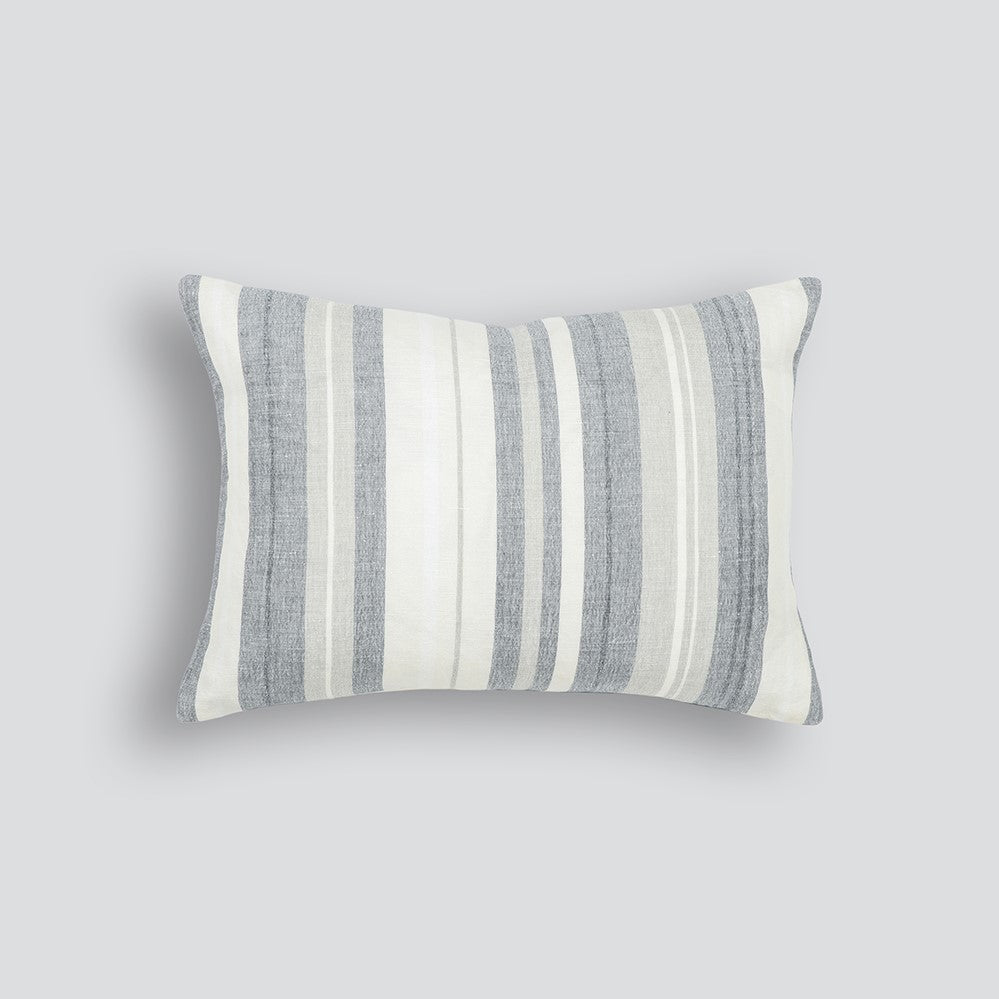 Striped Jackman cushion in a rectangle style with greys, blues and white vertical stripes