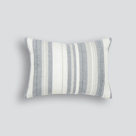 Striped Jackman cushion in a rectangle style with greys, blues and white vertical stripes