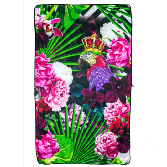 King Parrot towel with crowned parrot surrounded by pink and white roses and peonies and green umbrella ferns