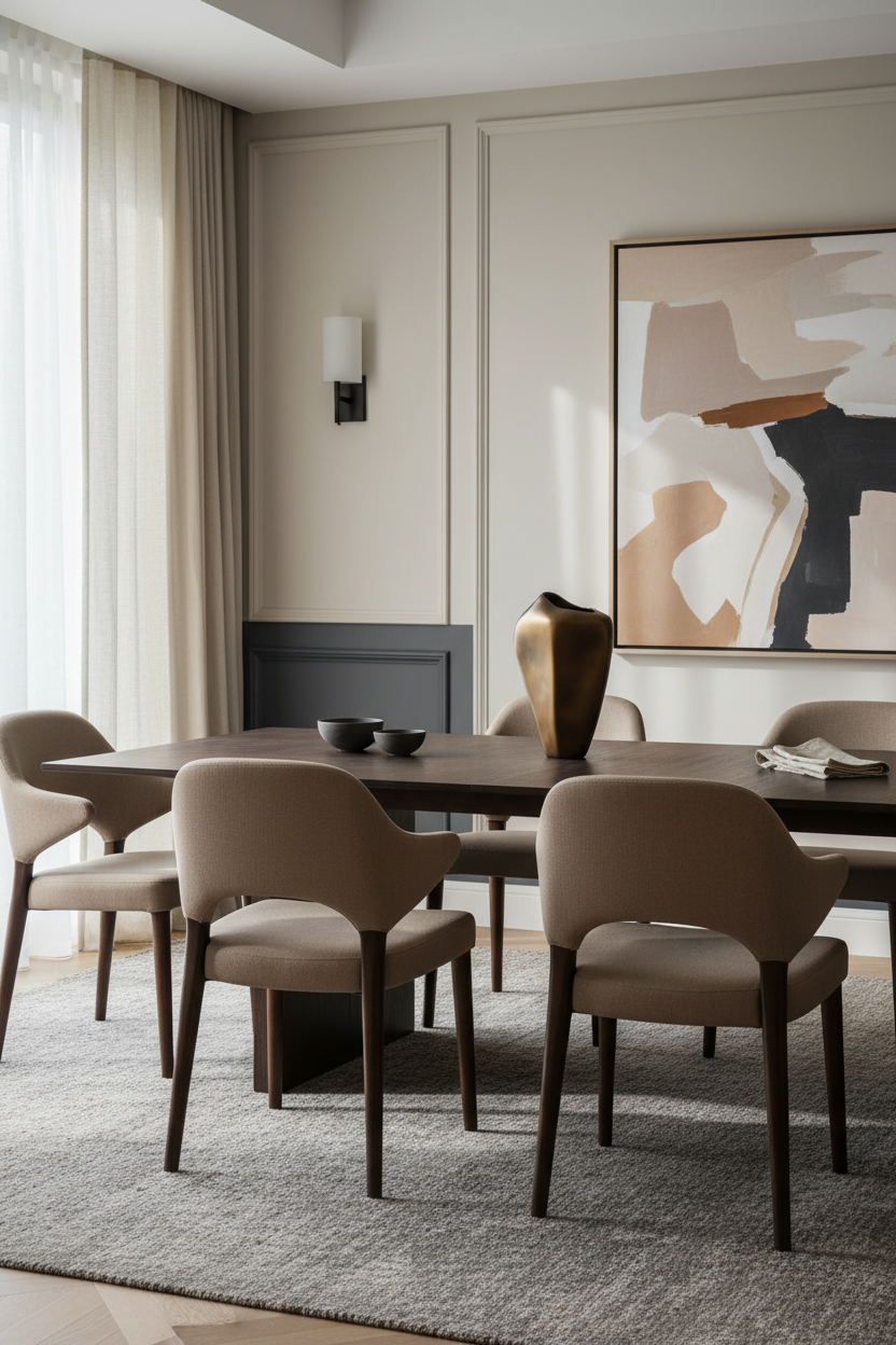 Dining room setting with luxurious fittings of walnut table, beige and wooden chairs, abstract artwork in warm colours and a burnished metal vase sitting in the middle of the talbe