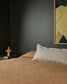 Beige bedspread with a pillow against a dark wall with abstract art.