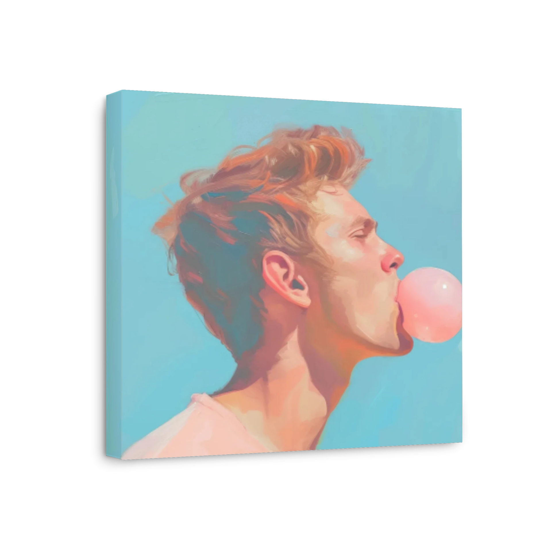 A square canvas wall art print featuring a stylized portrait of a man with red hair blowing a pink bubblegum bubble, shown at an angle against a light blue background.
