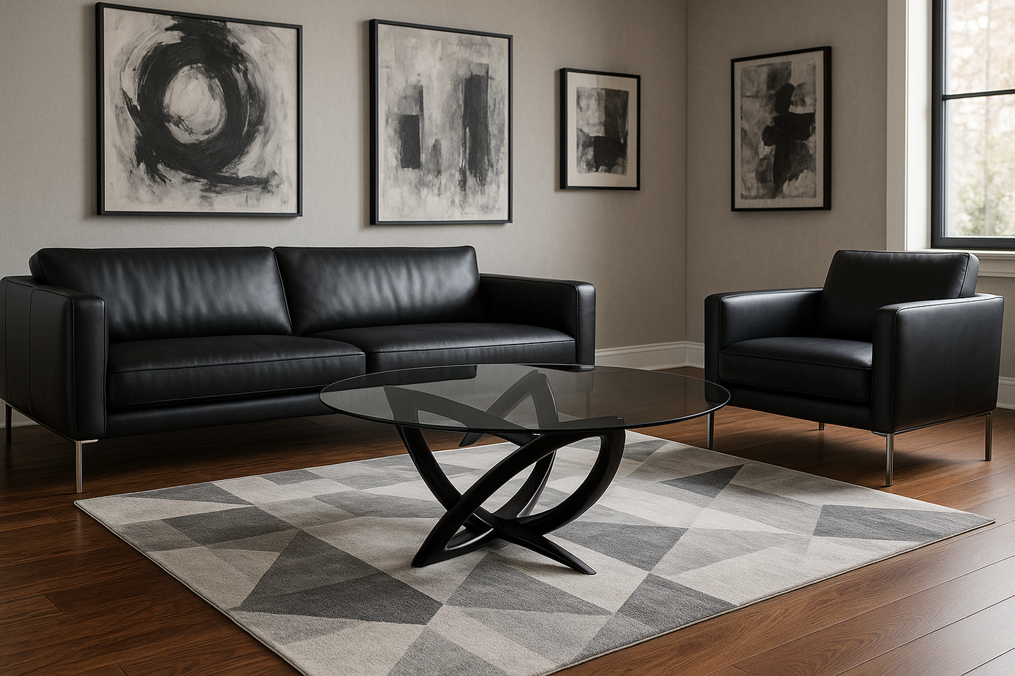 Masculine lounge room with coffee table, rug and artwork