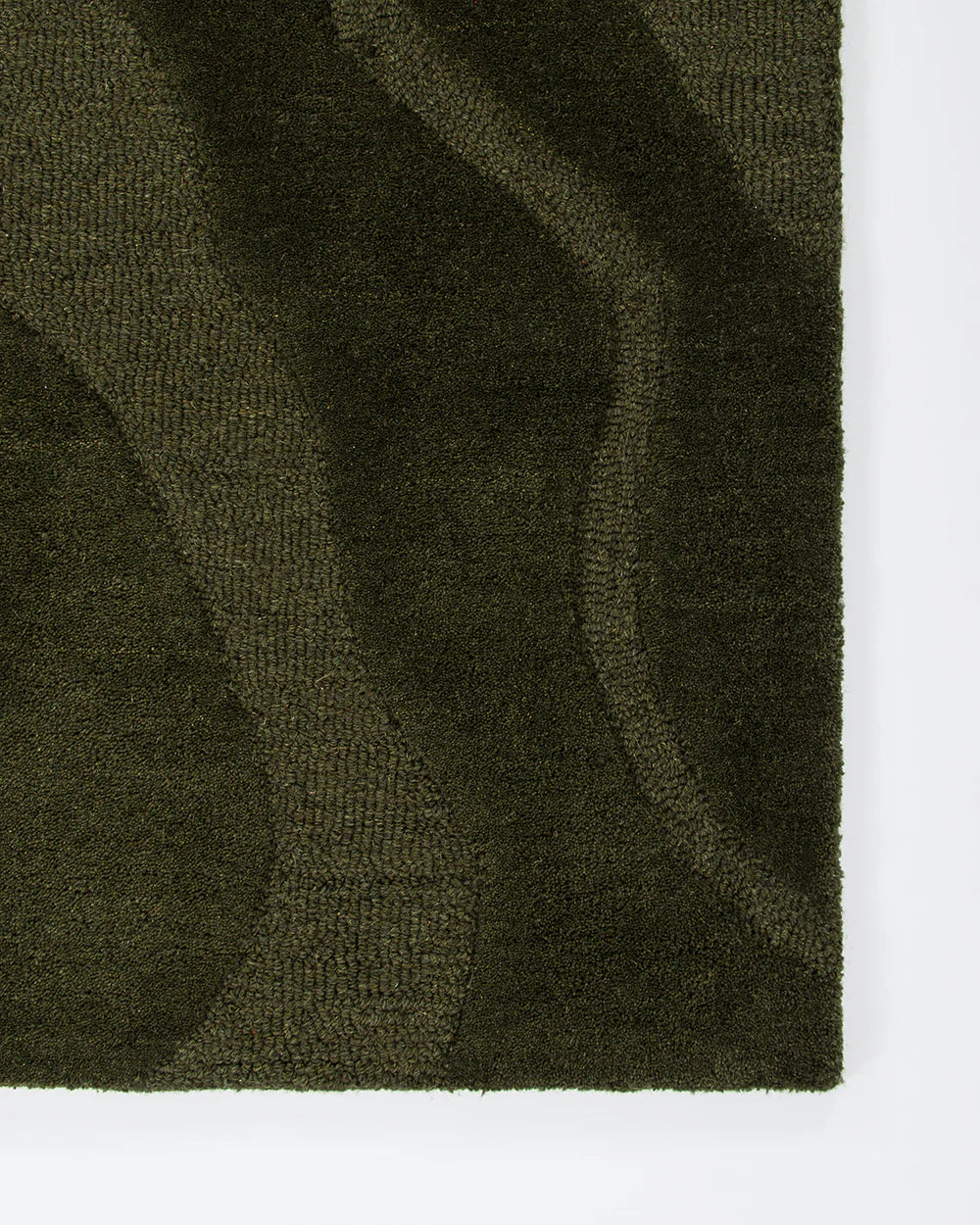 Close-up of a textured green rug corner on a white background