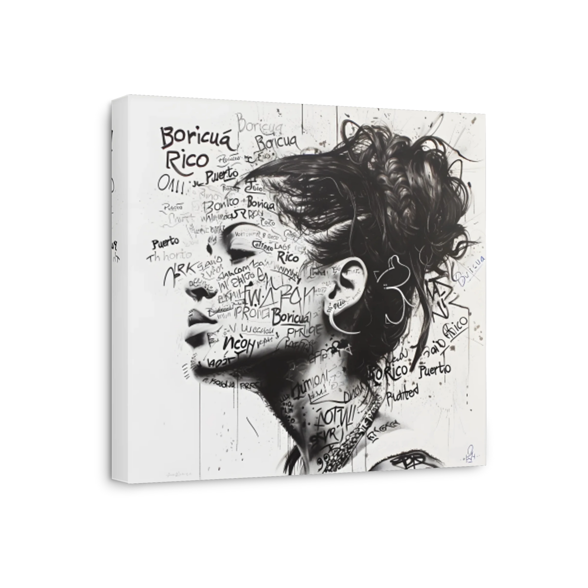 A square canvas wall art print featuring a black and white portrait of a woman's profile overlaid with handwritten text and graffiti-style markings, shown at a slight angle on a white background.
