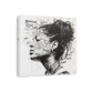 A square canvas wall art print featuring a black and white portrait of a woman's profile overlaid with handwritten text and graffiti-style markings, shown at a slight angle on a white background.