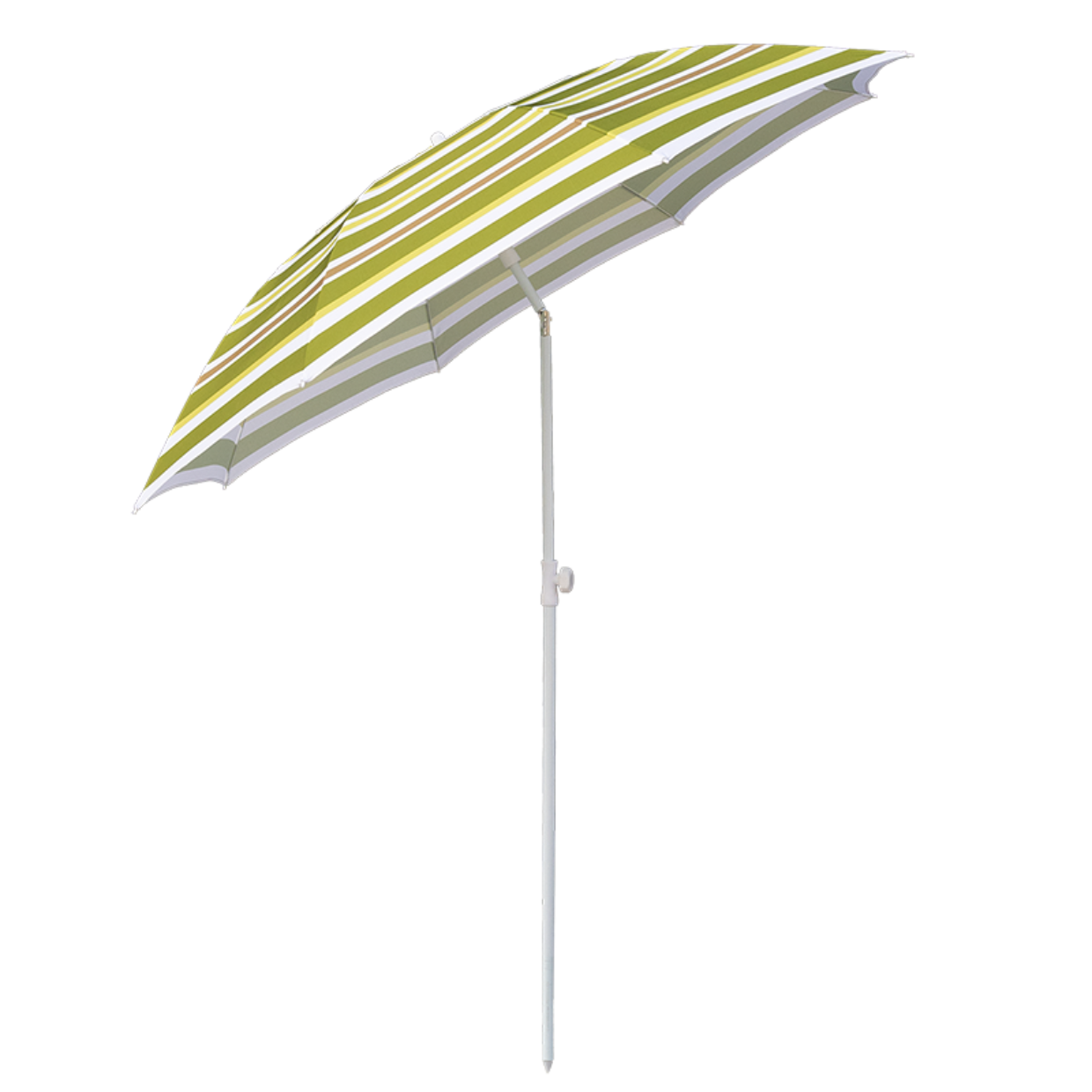 Striped patio umbrella with green and white pattern on a white background