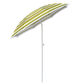 Striped patio umbrella with green and white pattern on a white background