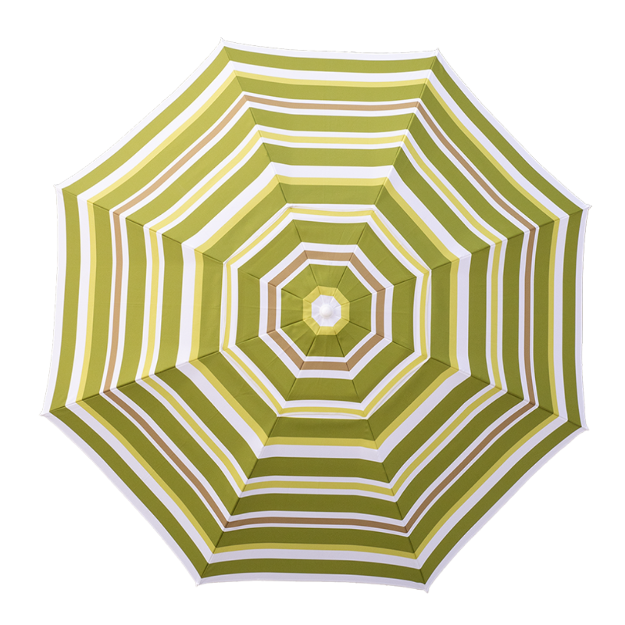 Green and white striped beach umbrella on a white background
