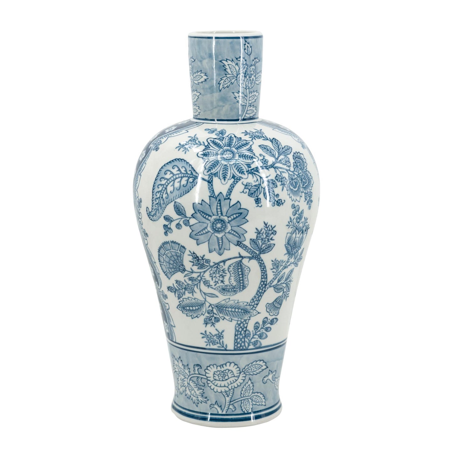 Decorative vase with blue floral and elephant pattern on a white background