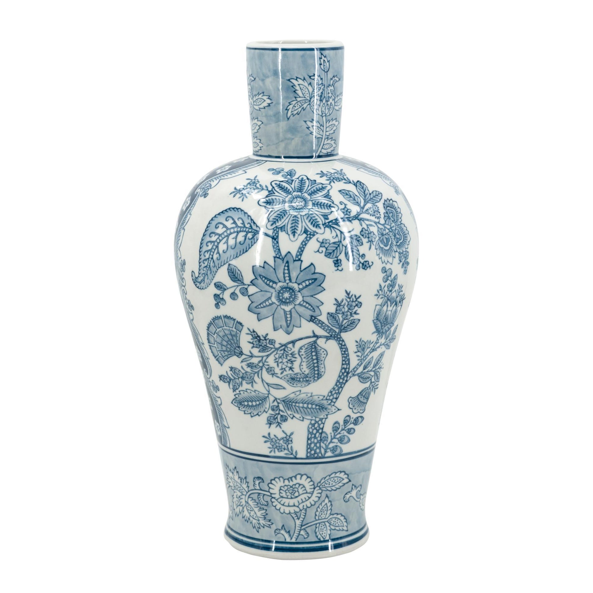 Decorative vase with blue floral and elephant pattern on a white background