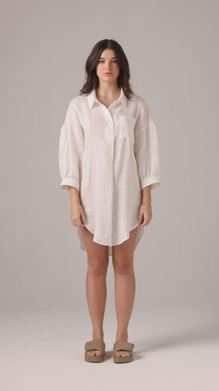 Video of model wearing a white linen night shirt