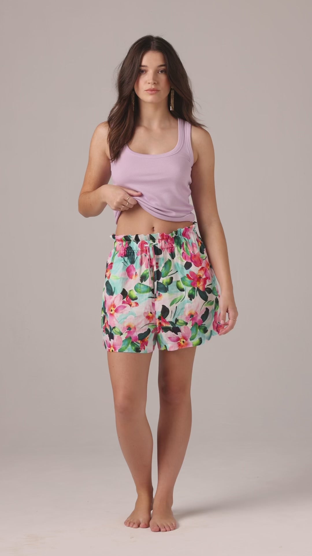 Model wearing floral linen shorts and tank - Zena Petal Bloom