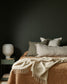 Bed with beige bedding and pillows against a dark wall with a side table and lamp.