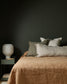 Bed with beige bedding and pillows against a dark wall with a nightstand and lamp.