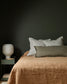 Bed with brown bedding and striped pillows against a dark wall, with a nightstand and lamp.