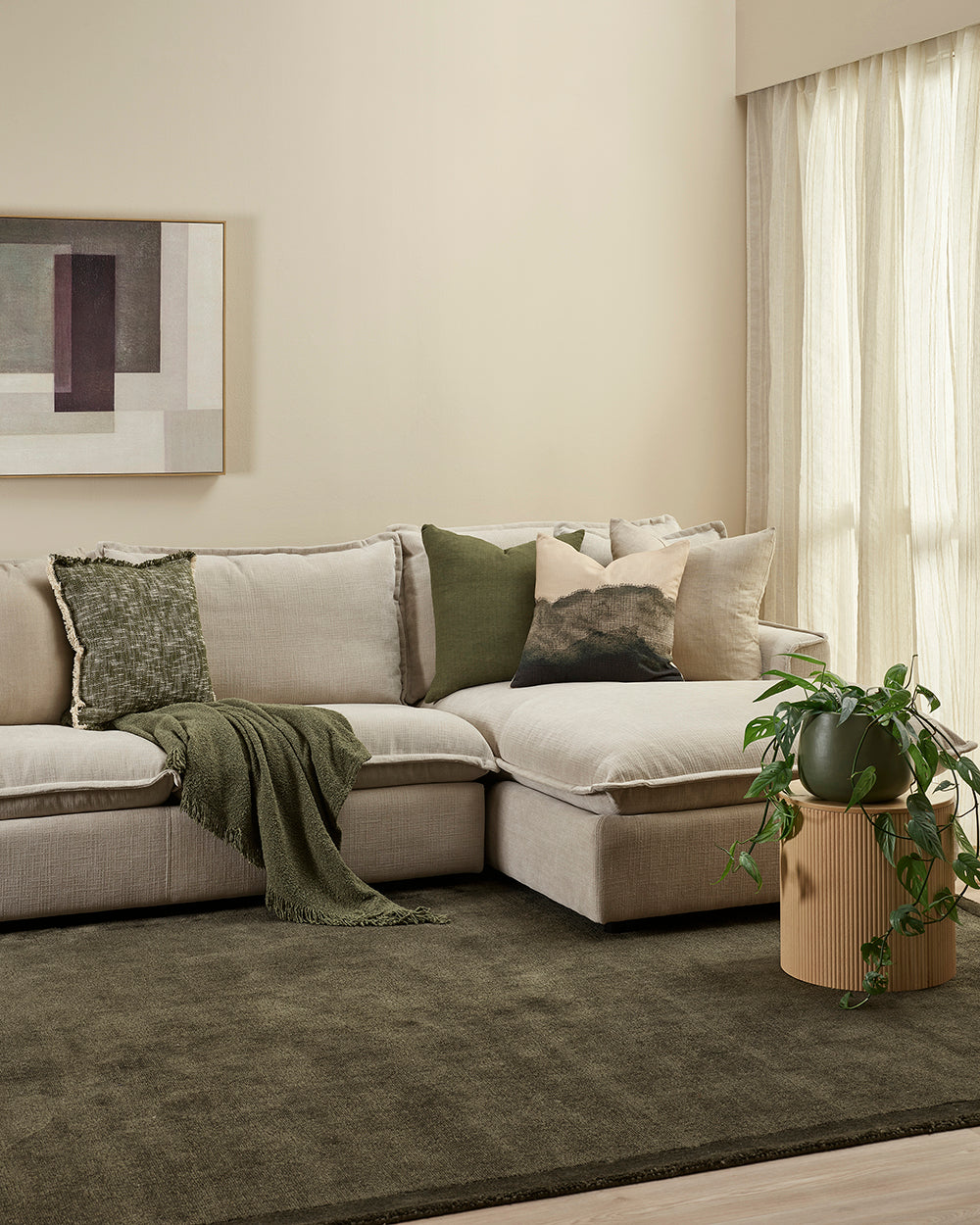 Modern living room with a sectional sofa, decorative pillows, and a plant.