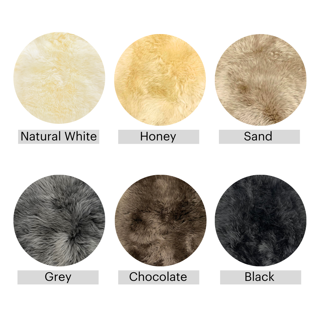 Six circular faux fur texture swatches arranged in two rows on a white background, labeled Natural White, Honey, Sand, Grey, Chocolate, and Black.