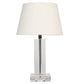 Crystal bedside lamp with a clear crystal square column and cream wide lampshade