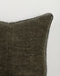 Textured dark gray pillow with decorative trim on a light gray background