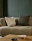 Beige sofa with two pillows against a dark wall, with a wooden coffee table in the foreground.