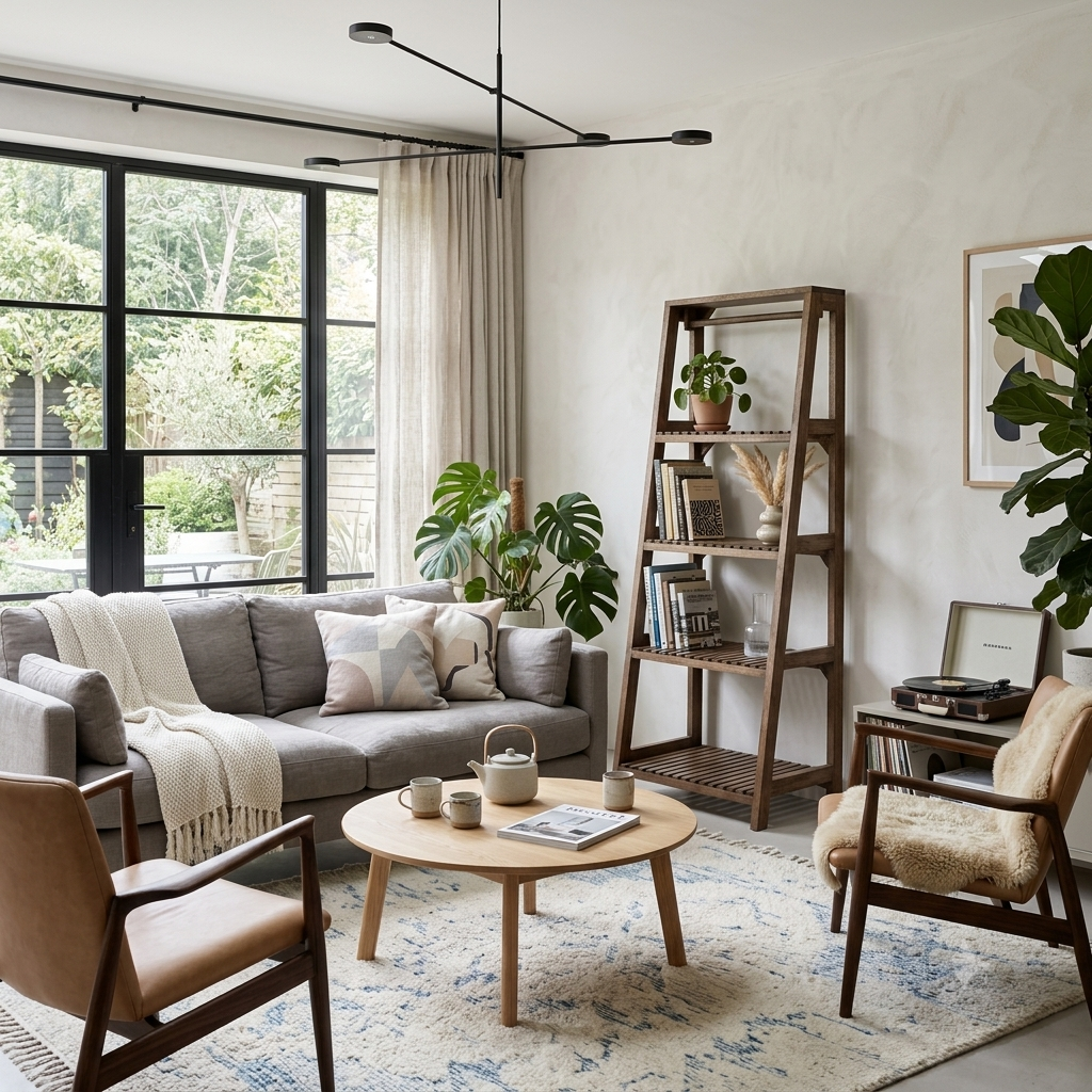 Modern living room with gray sofa, wooden coffee table, and bookshelf.
