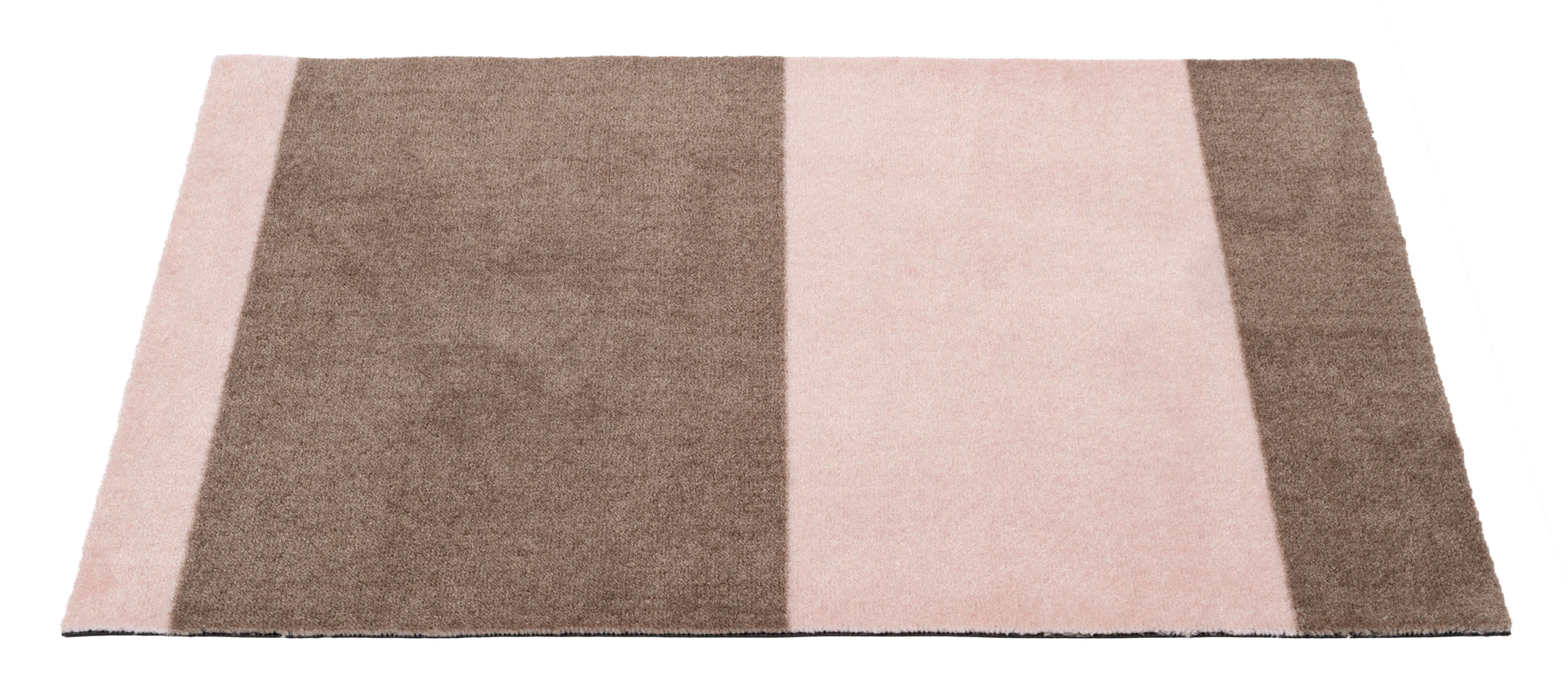 Rectangular rug with brown and pink striped pattern on a white background