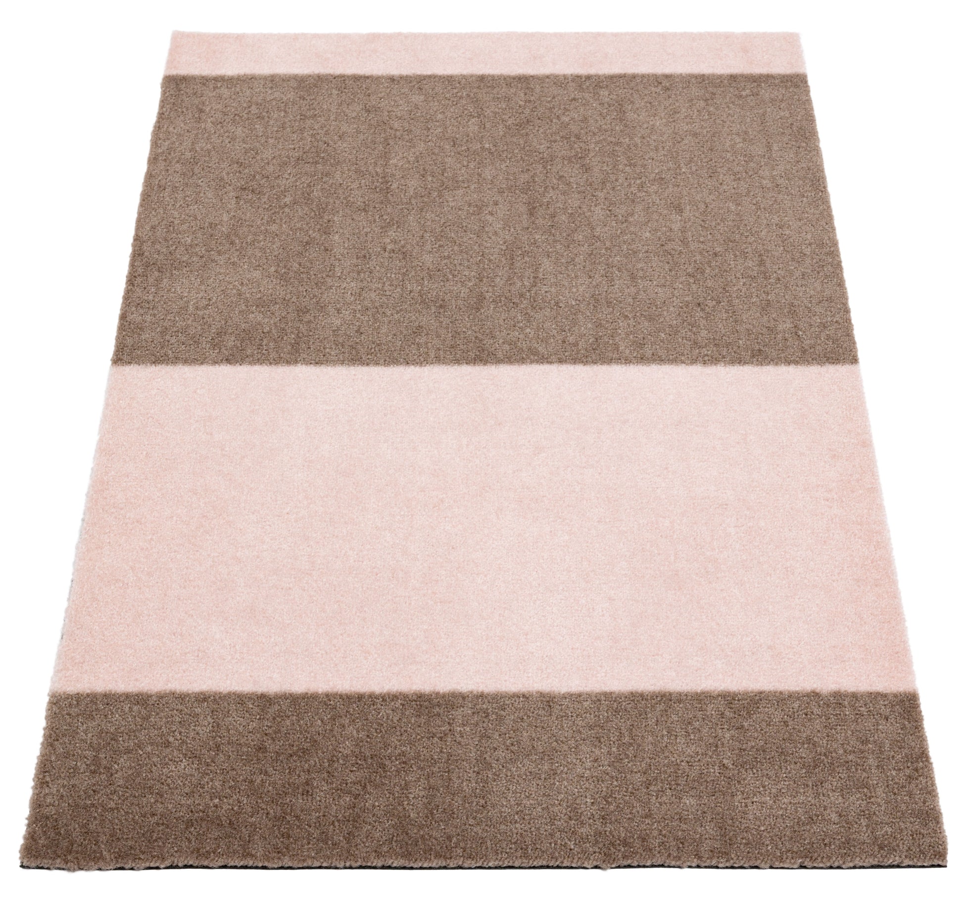 Rectangular rug with brown and pink stripes on a white background