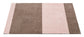 Rectangular rug with brown and pink striped pattern on a white background