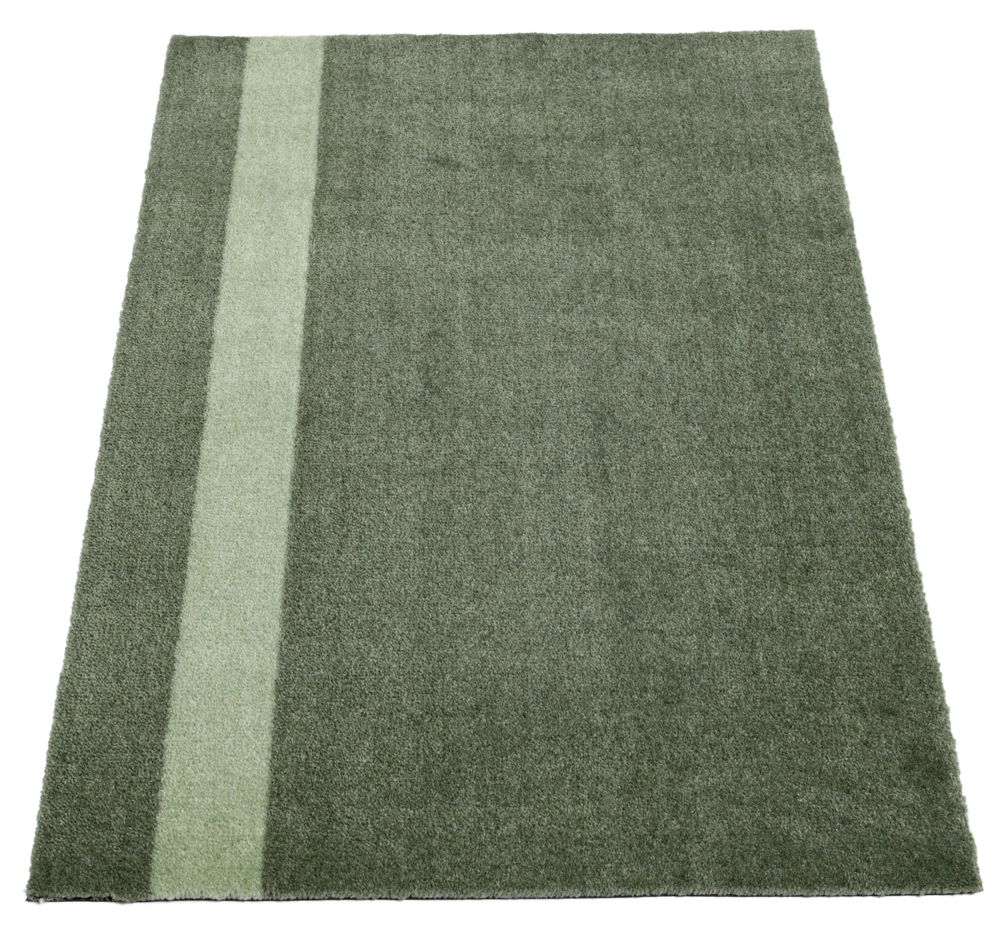 Green rug with a white stripe on a white background